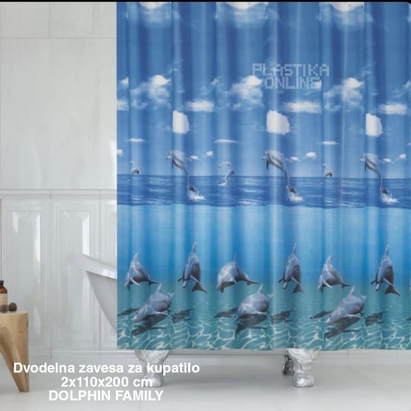 Dvodelna zavesa za kupatilo 2x110x200 , zavesa za tuš kabinu, zavesa za kadu, poliesterska zavesa za kupatilo, dugotrajna zavesa za kupatilo dolphin family