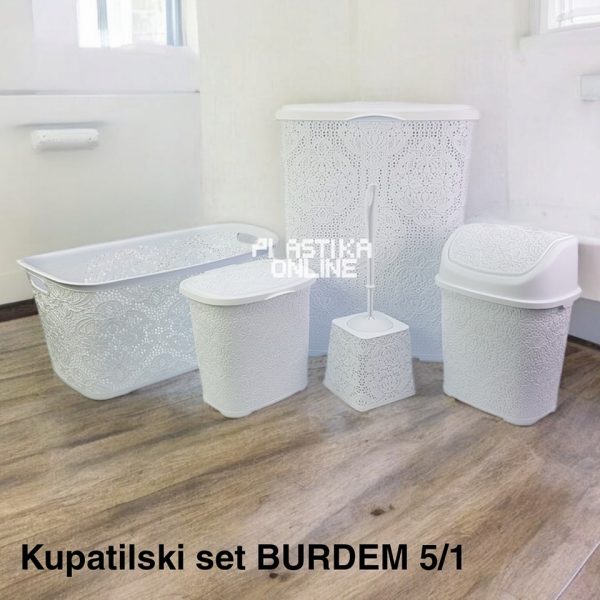 Kupatilski set Burdem 5, plasticni kupatilski set beli set, set od 5 delova za kupatilo beli