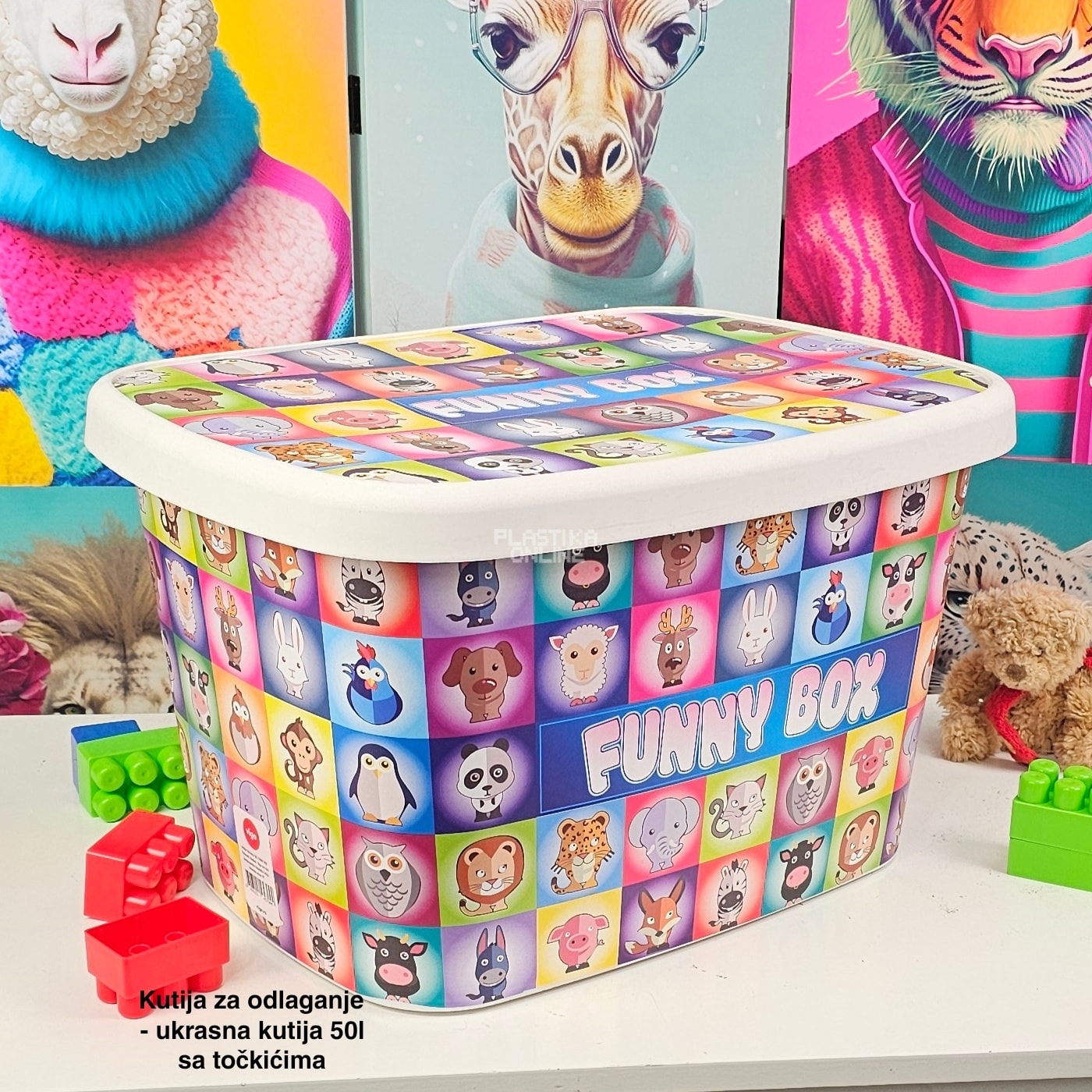 Kutija za odlaganje 50L sa točkićima, Ukrasna kutija 50L , kutije za odlaganje, box sa dezenom , plasticne kutije od 50l , kutije sa točkićima FUNNY BOX