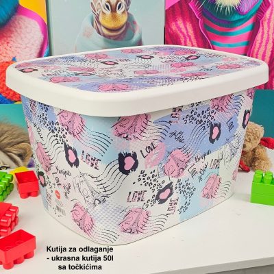 Kutija za odlaganje 50L sa točkićima, Ukrasna kutija 50L , kutije za odlaganje, box sa dezenom , plasticne kutije od 50l , kutije sa točkićima LOVE