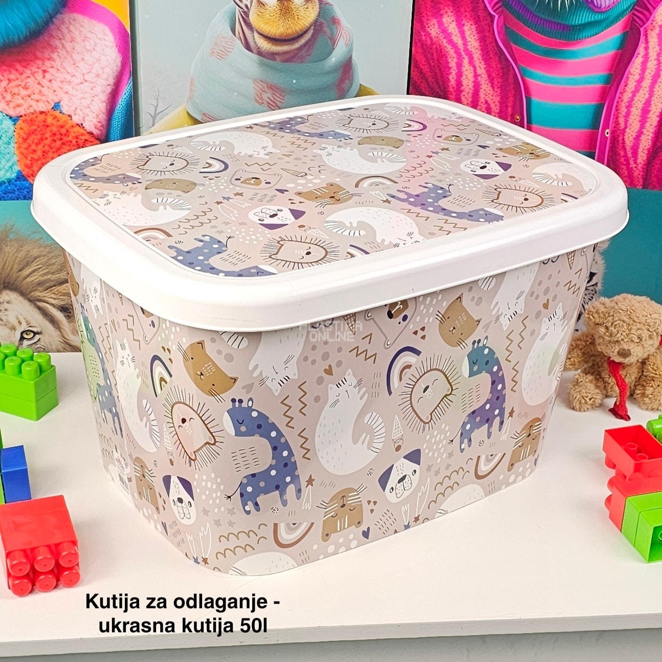 Kutija za odlaganje 50L sa točkićima, Ukrasna kutija 50L , kutije za odlaganje, box sa dezenom , plasticne kutije od 50l , kutije sa točkićima ZIVOTINJE