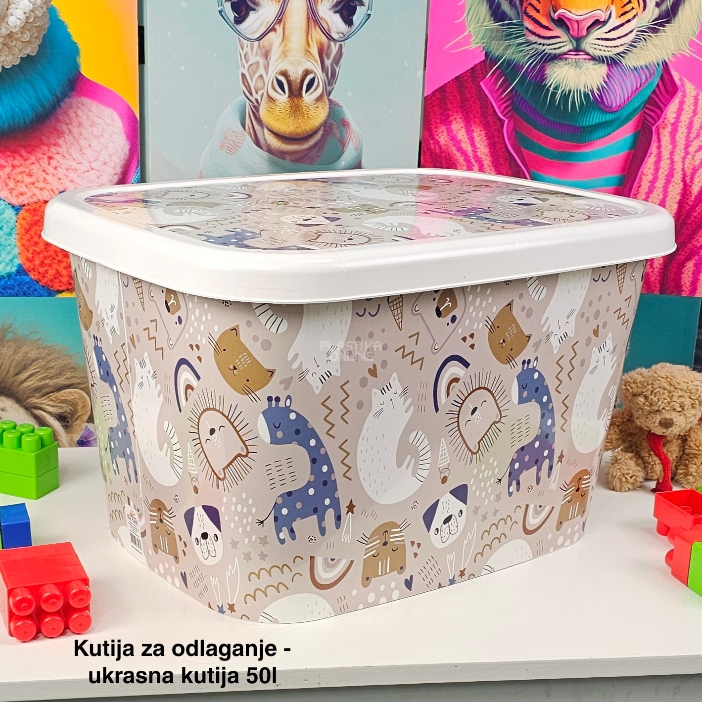 Kutija za odlaganje 50L sa točkićima, Ukrasna kutija 50L , kutije za odlaganje, box sa dezenom , plasticne kutije od 50l , kutije sa točkićima ZIVOTINJE