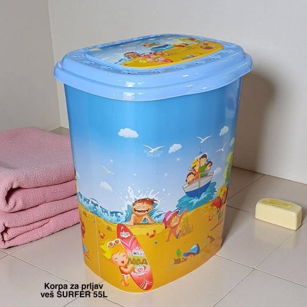 Korpa za prljav veš SURFER 55L, Plastična korpa za veš, Korpa za veš sa poklopcem, Moderna korpa za veš