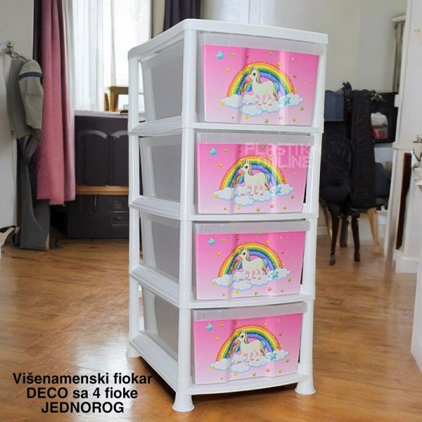 VIŠENAMENSKI FIOKAR DECO SA APLIKACIJOM SA ČETIRI FIOKE I TOČKIĆIMA Plasticna komoda, deciji fiokar, cena fiokara , jednorog