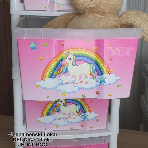 VIŠENAMENSKI FIOKAR DECO SA APLIKACIJOM SA ČETIRI FIOKE I TOČKIĆIMA Plasticna komoda, deciji fiokar, cena fiokara , jednorog