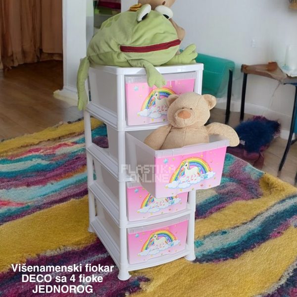 VIŠENAMENSKI FIOKAR DECO SA APLIKACIJOM SA ČETIRI FIOKE I TOČKIĆIMA Plasticna komoda, deciji fiokar, cena fiokara , jednorog