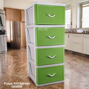 Fiokar RATAN met , fiokar ratan sa 4 fioke, plasticni ratan fiokari, polica za odlaganje, visenamenski raf green
