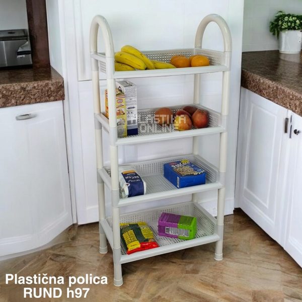 Plastična polica RUND h97, plastična polica sa ručkama, polica sa 4 nivoa, šupljikava polica, organizacija kuhinje, polica za kupatilo, polica za deciju sobu bela