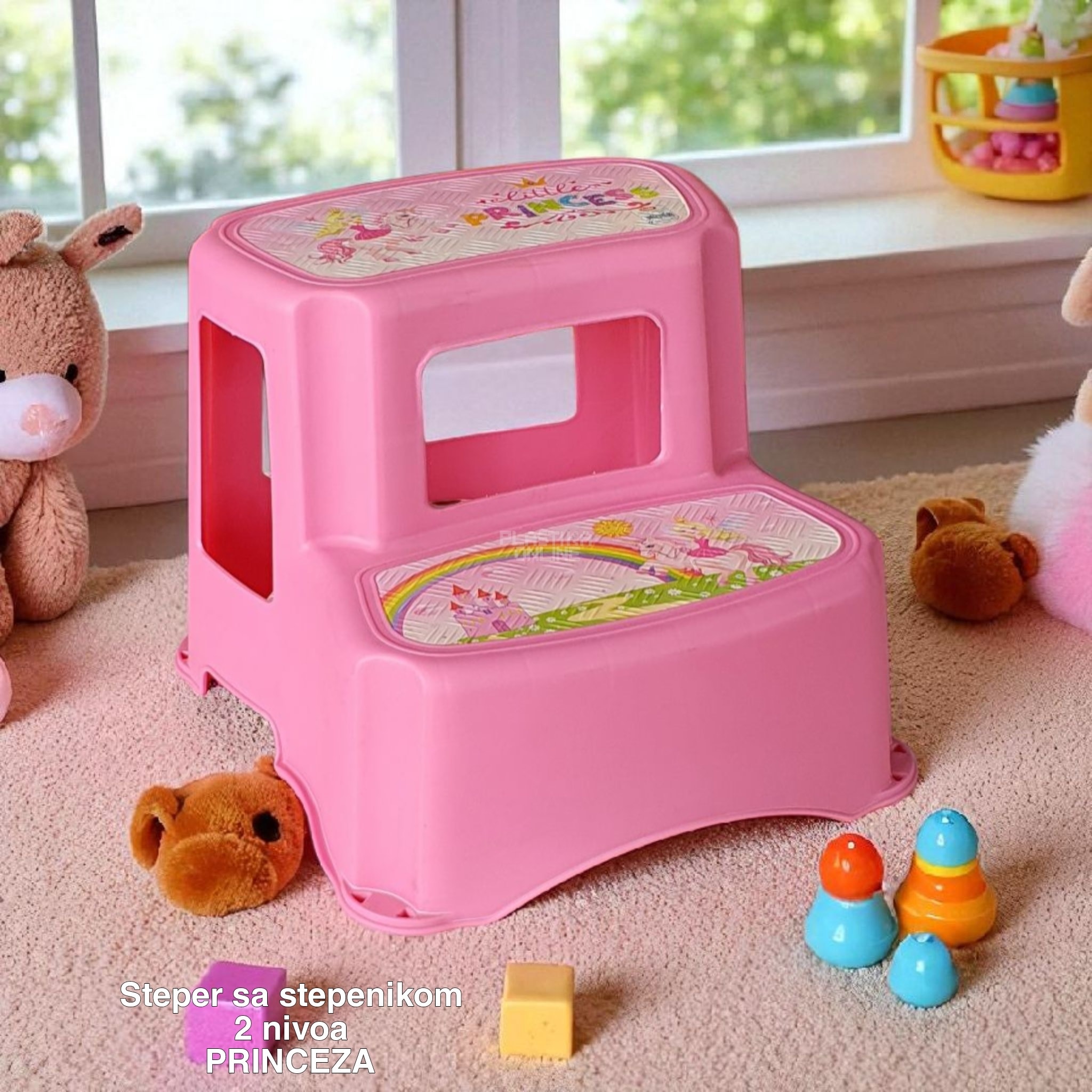 Steper sa stepenikom 2 nivoa, stepenik za decu, stepenice za decu, dupli steper za decu, plasticne stepenice, stepenice za decu za kupatilo princeza
