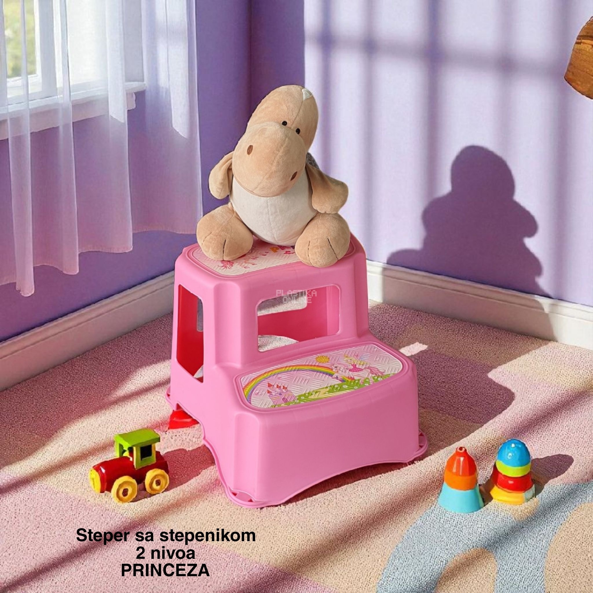 Steper sa stepenikom 2 nivoa, stepenik za decu, stepenice za decu, dupli steper za decu, plasticne stepenice, stepenice za decu za kupatilo princeza