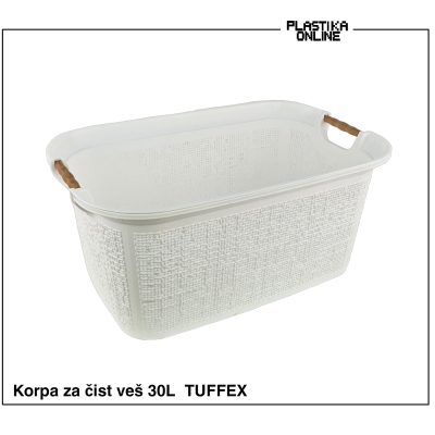 Korpa za čist veš TUFFEX WOOW-sa drvenim rukohvatima-BELA