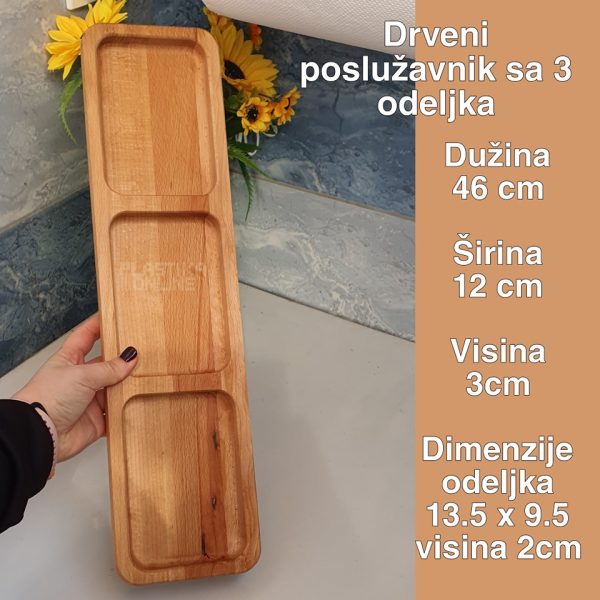 Drveni poslužavnik sa 3 odeljka, drveni poslužavnik, drvena daska, daske za meze, ukrasne daske za posluženje, daske za slavu, daske za proslave