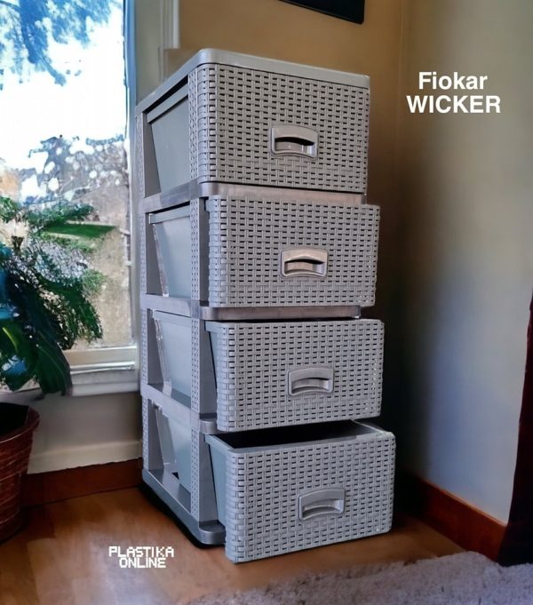 Fiokar WICKER ratan sivi, Plasticni fiokar sa 4 fioke, Plasticne police sa fiokama, Plasticne police za odlaganje, plasticne komode, fiokari za kupatilo, fiokari za kuhinju