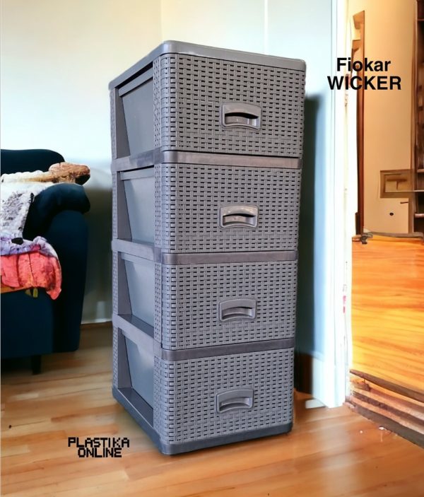 Fiokar WICKER ratan sivi, Plasticni fiokar sa 4 fioke, Plasticne police sa fiokama, Plasticne police za odlaganje, plasticne komode, fiokari za kupatilo, fiokari za kuhinju