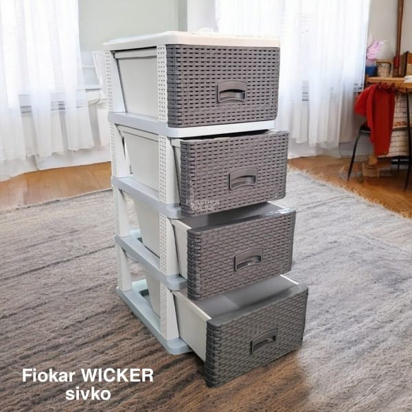 Fiokar WICKER ratan sivko, Plasticni fiokar sa 4 fioke, Plasticne police sa fiokama, Plasticne police za odlaganje, plasticne komode, fiokari za kupatilo, fiokari za kuhinju