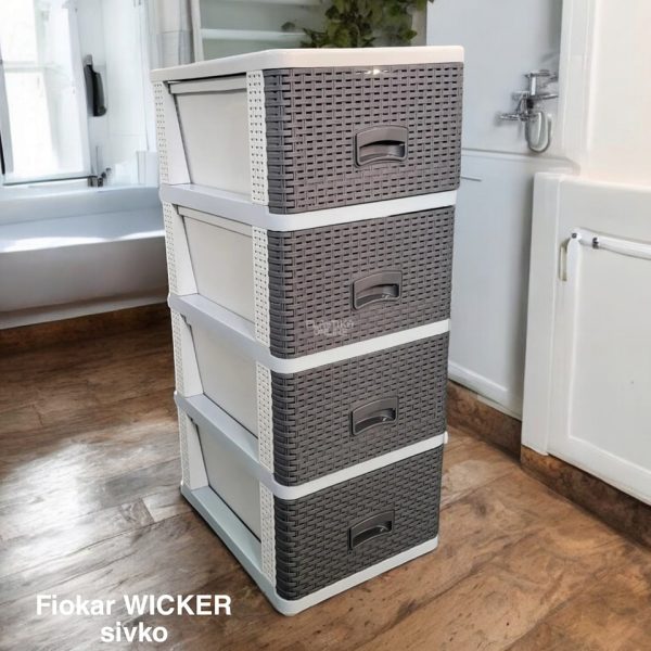 Fiokar WICKER ratan sivko, Plasticni fiokar sa 4 fioke, Plasticne police sa fiokama, Plasticne police za odlaganje, plasticne komode, fiokari za kupatilo, fiokari za kuhinju