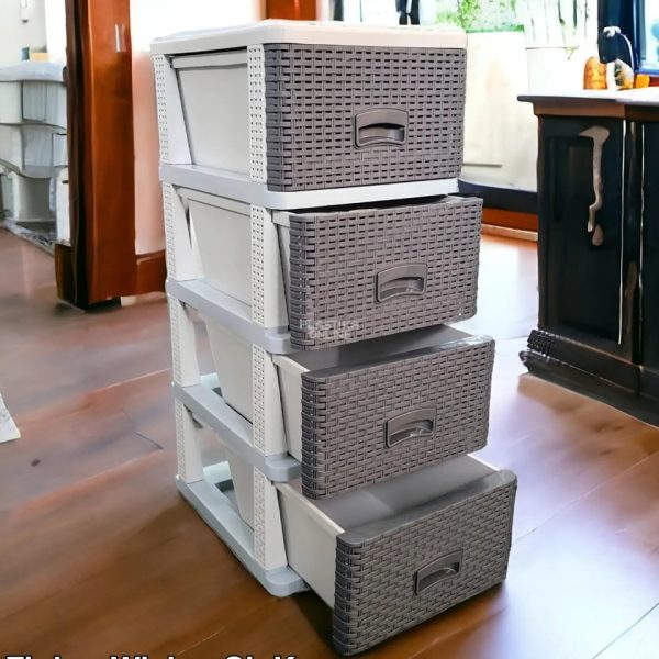 Fiokar WICKER ratan sivko, Plasticni fiokar sa 4 fioke, Plasticne police sa fiokama, Plasticne police za odlaganje, plasticne komode, fiokari za kupatilo, fiokari za kuhinju