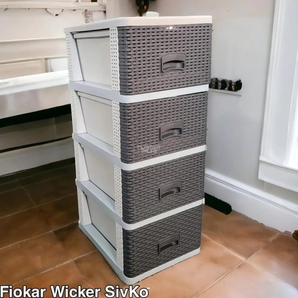 Fiokar WICKER ratan sivko, Plasticni fiokar sa 4 fioke, Plasticne police sa fiokama, Plasticne police za odlaganje, plasticne komode, fiokari za kupatilo, fiokari za kuhinju