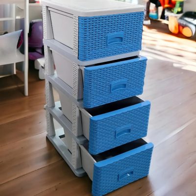 Fiokar WICKER ratan plavko, Plasticni fiokar sa 4 fioke, Plasticne police sa fiokama, Plasticne police za odlaganje, plasticne komode, fiokari za kupatilo, fiokari za kuhinju