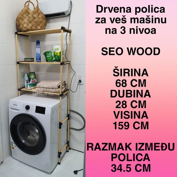 Drvena polica za veš mašinu na 3 Nivoa , polica za kupatilo, polica za kuću, drvena polica , velika polica za veš mašinu sa 3 nivoa