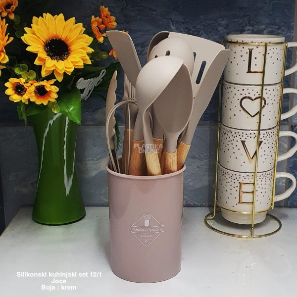Silikonski kuhinjski set 12-1 - špatula , velika šupljа kašika, velika ravna kašika , Kutlaca, kasika , Posluživač za testenine, Četka za premazivanje,