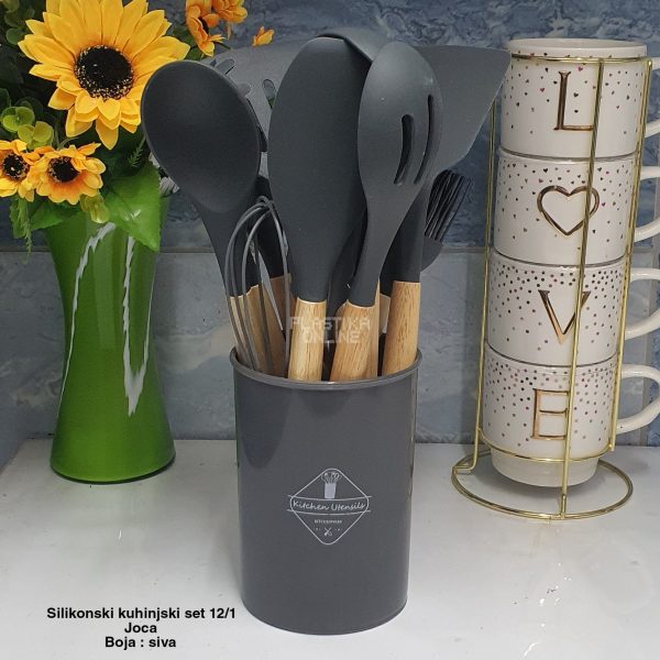 Silikonski kuhinjski set 12-1 - špatula , velika šupljа kašika, velika ravna kašika , Kutlaca, kasika , Posluživač za testenine, Četka za premazivanje,