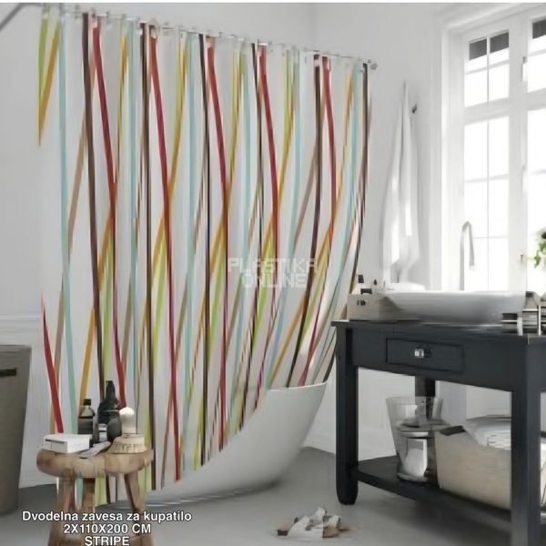 Dvodelna zavesa za kupatilo 2x110x200 , zavesa za tuš kabinu, zavesa za kadu, poliesterska zavesa za kupatilo, dugotrajna zavesa za kupatilo stripe