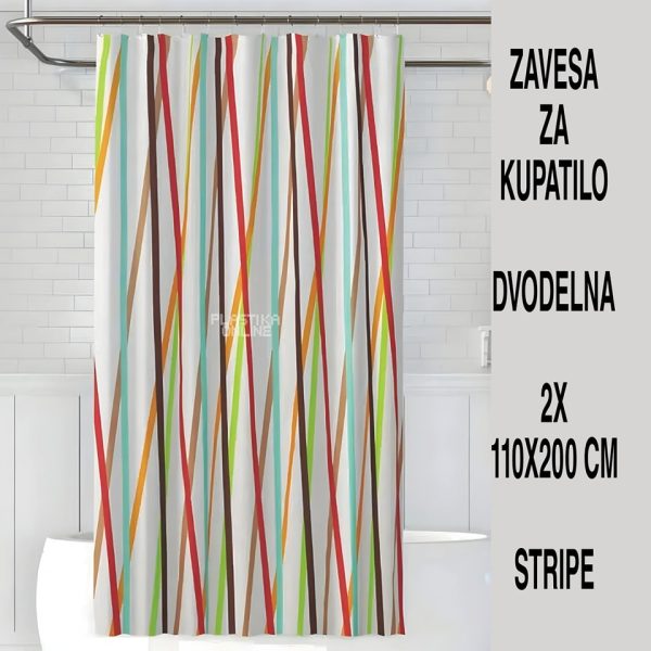 Dvodelna zavesa za kupatilo 2x110x200 , zavesa za tuš kabinu, zavesa za kadu, poliesterska zavesa za kupatilo, dugotrajna zavesa za kupatilo stripe