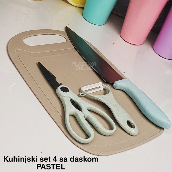 Kuhinjski set 4 sa daskom , kuhinjski noz, plasticna daska, ljuštilica, kuhinjske makaze