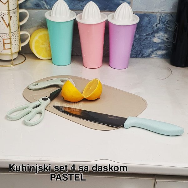 Kuhinjski set 4 sa daskom , kuhinjski noz, plasticna daska, ljuštilica, kuhinjske makaze