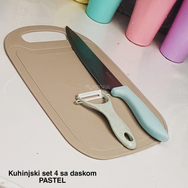 Kuhinjski set 4 sa daskom , kuhinjski noz, plasticna daska, ljuštilica, kuhinjske makaze