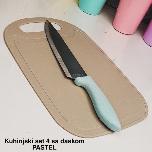 Kuhinjski set 4 sa daskom , kuhinjski noz, plasticna daska, ljuštilica, kuhinjske makaze
