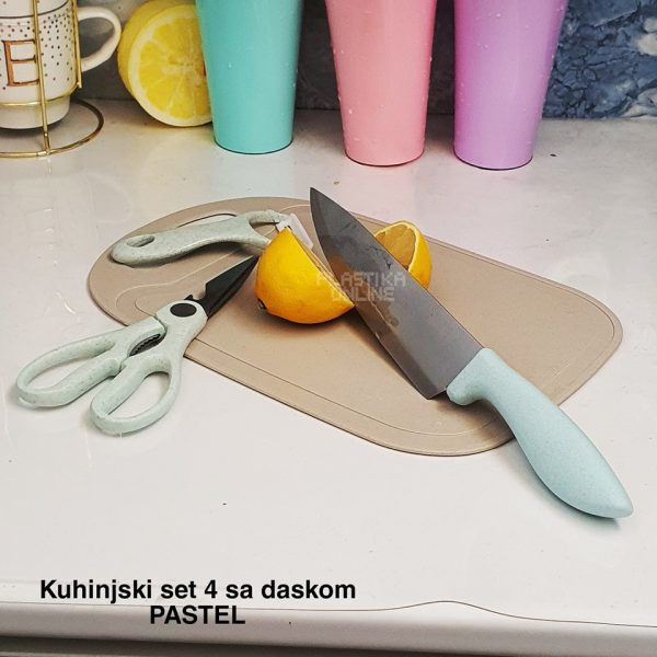 Kuhinjski set 4 sa daskom , kuhinjski noz, plasticna daska, ljuštilica, kuhinjske makaze