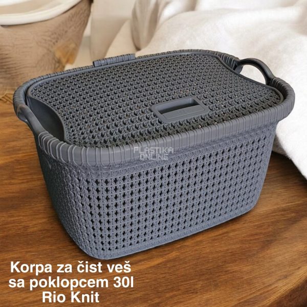 Korpa za čist veš sa poklopcem 30l , korpa 30l, korpa sa poklopcem, plasticna korpa siva