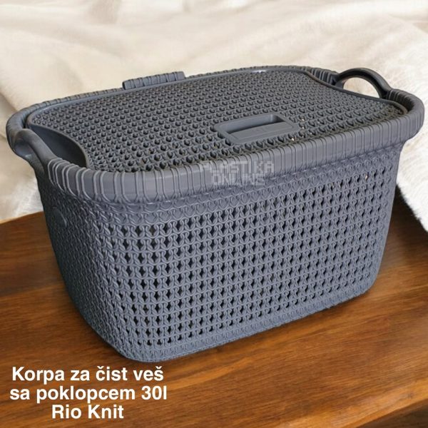 Korpa za čist veš sa poklopcem 30l , korpa 30l, korpa sa poklopcem, plasticna korpa siva