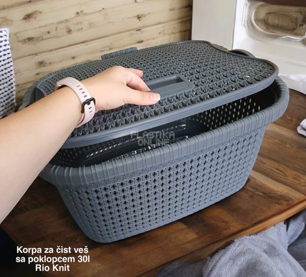 Korpa za čist veš sa poklopcem 30l , korpa 30l, korpa sa poklopcem, plasticna korpa siva