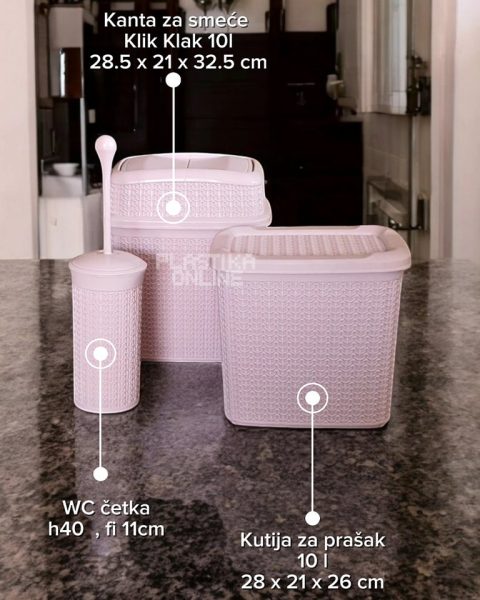 Kupatilski set 3u1 , Plastična Kanta za Smeće 10L, Kutija za Prašak 10L, WC Četka h40 KNIT USCAN roze