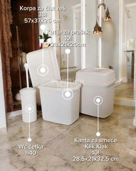Kupatilski set 4 u 1 - 38l ( kanta 10l, praško 10l, wc četka, korpa čist veš 38l )Knit Uscan bež