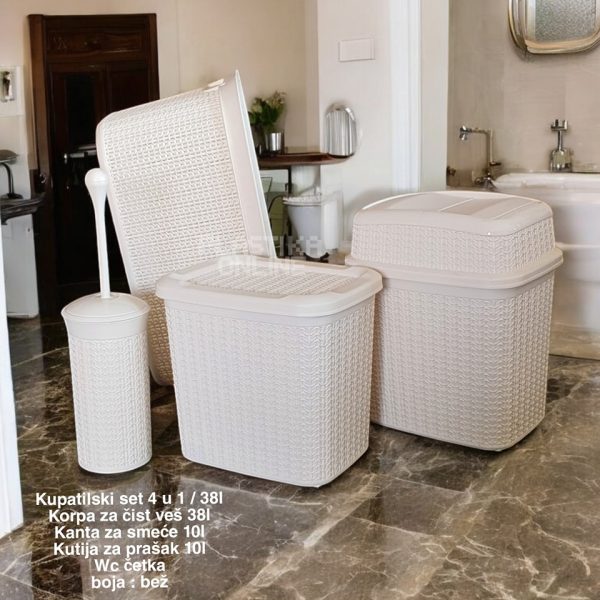 Kupatilski set 4 u 1 - 38l ( kanta 10l, praško 10l, wc četka, korpa čist veš 38l )Knit Uscan bež