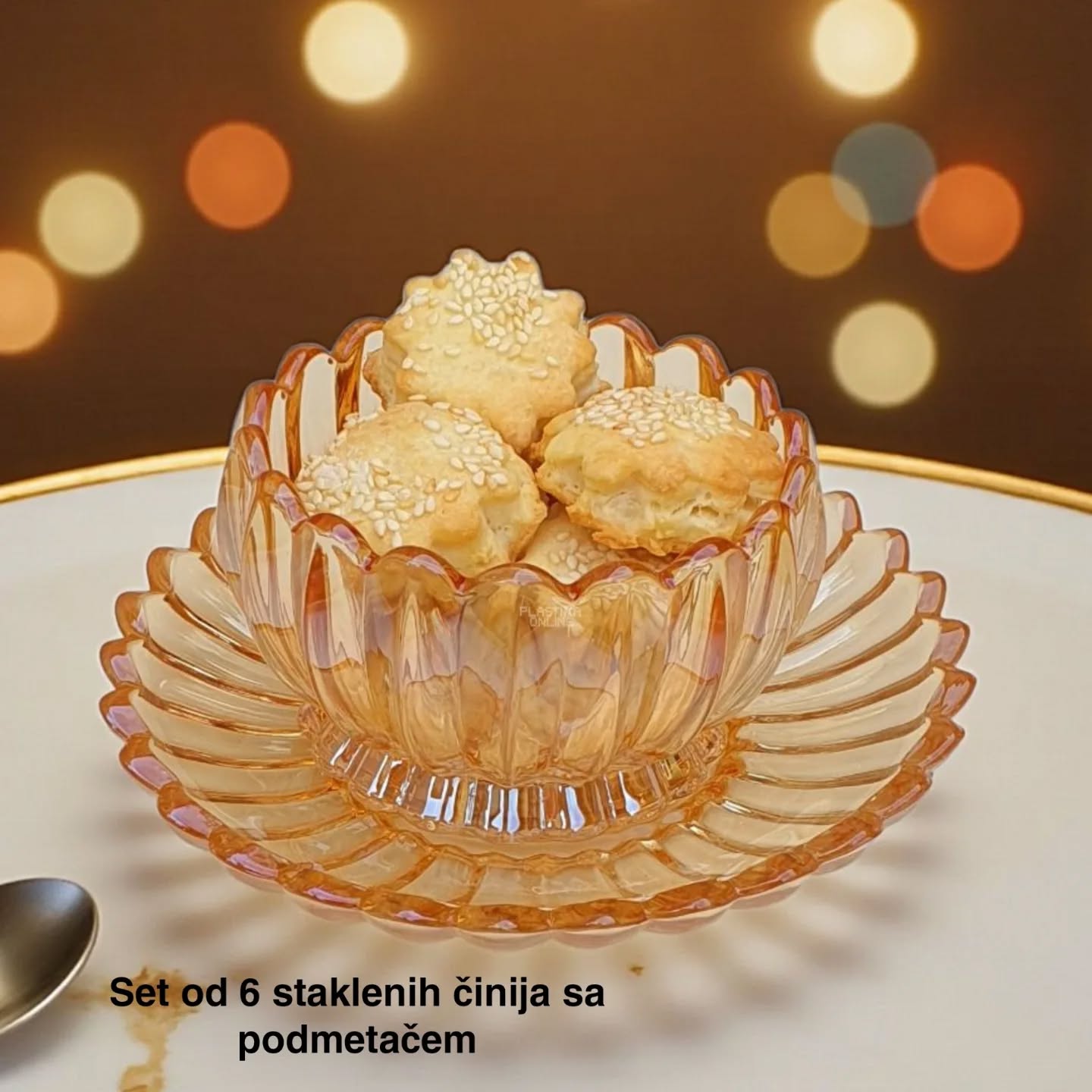 Set od 6 staklenih činija sa podmetačem - zlatni