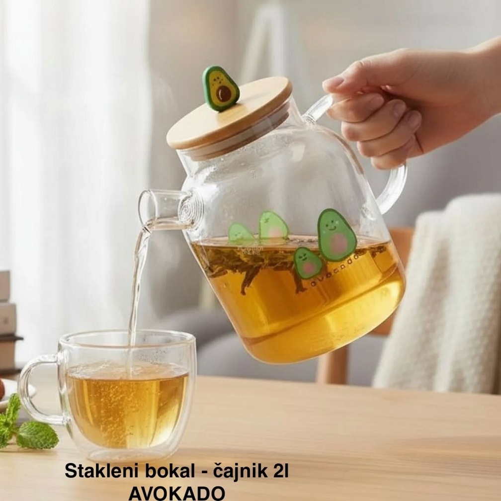 Stakleni bokal - čajnik od 2l , stakleni bokal od 2L, bokal sa drvenim poklopcem, stakleni bokal sa cediljkom, elegantan bokal za posluživanje