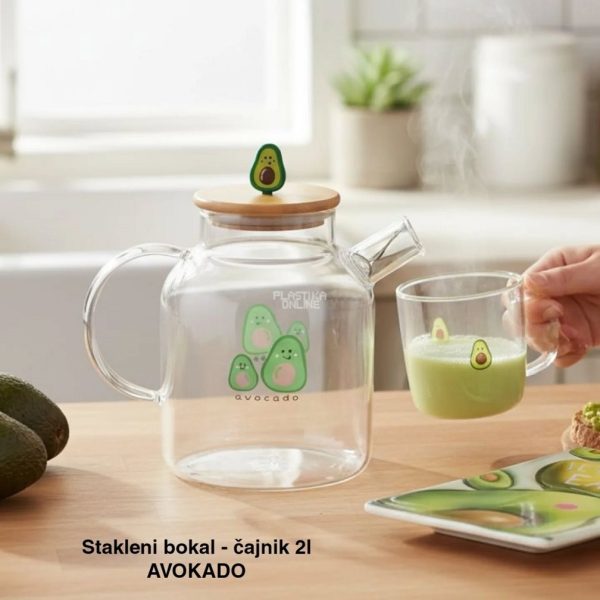 Stakleni bokal - čajnik od 2l , stakleni bokal od 2L, bokal sa drvenim poklopcem, stakleni bokal sa cediljkom, elegantan bokal za posluživanje