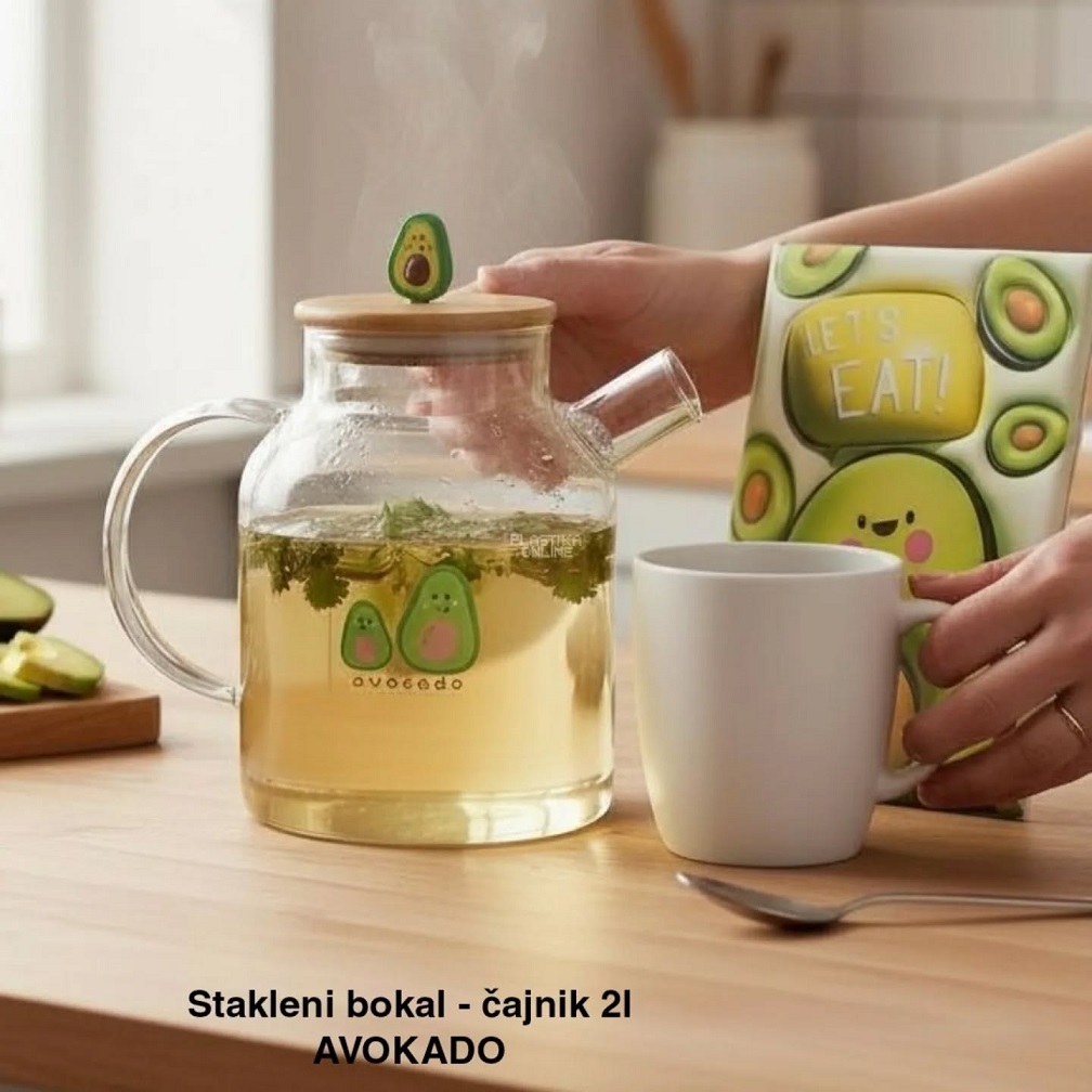 Stakleni bokal - čajnik od 2l , stakleni bokal od 2L, bokal sa drvenim poklopcem, stakleni bokal sa cediljkom, elegantan bokal za posluživanje