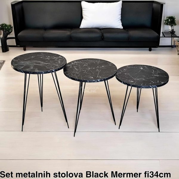 Set Metalnih Stolova fi 34, Pomoćni stočići, Stočići za dnevnu sobu, Klub stočići, Metalni stočić , Set stolova za dnevnu sobu BLACK mermer fi 34