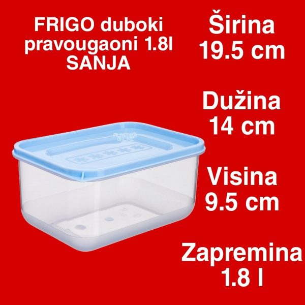 Frigo duboki pravougaoni 1,8L SANJA, Plastična posuda za skladištenje hrane, Posuda za čuvanje hrane 1.8L, Posuda za frižider i zamrzivač