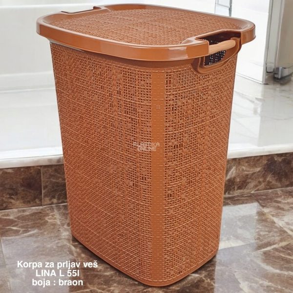 Korpa za prljav veš LINA L 55L, Plastična korpa za prljav veš, Plastična korpa sa drvenim ručkama, Korpa za veš 55l, Korpa za veš sa ventilacijom