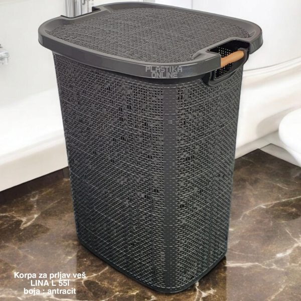 Korpa za prljav veš LINA L 55L, Plastična korpa za prljav veš, Plastična korpa sa drvenim ručkama, Korpa za veš 55l, Korpa za veš sa ventilacijom
