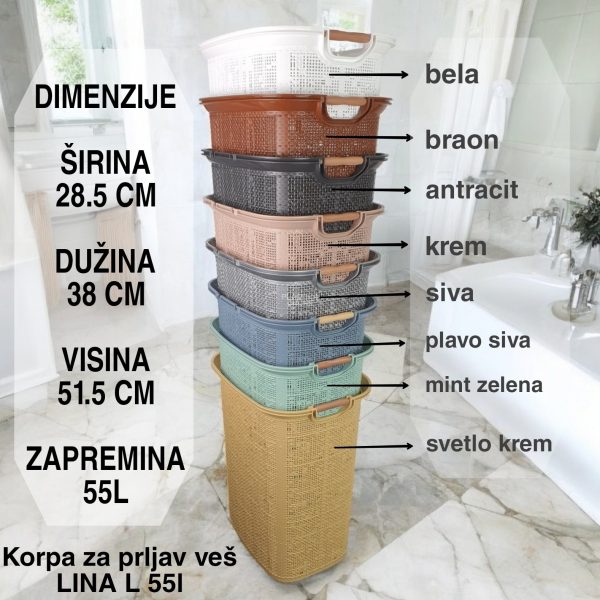 Korpa za prljav veš LINA L 55L, Plastična korpa za prljav veš, Plastična korpa sa drvenim ručkama, Korpa za veš 55l, Korpa za veš sa ventilacijom
