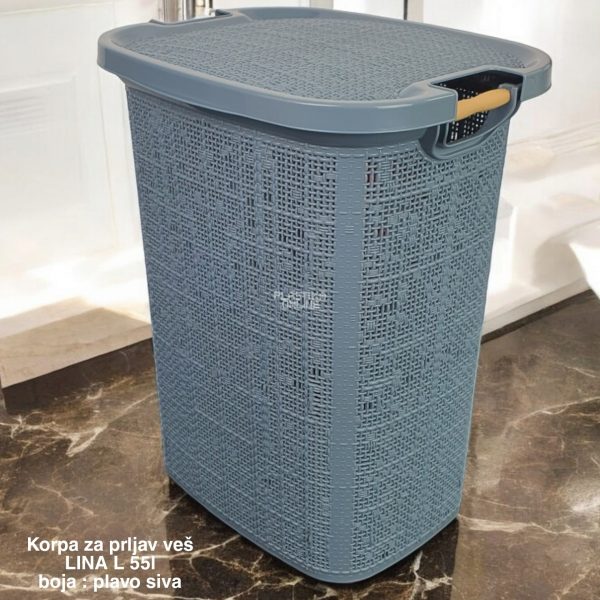 Korpa za prljav veš LINA L 55L, Plastična korpa za prljav veš, Plastična korpa sa drvenim ručkama, Korpa za veš 55l, Korpa za veš sa ventilacijom