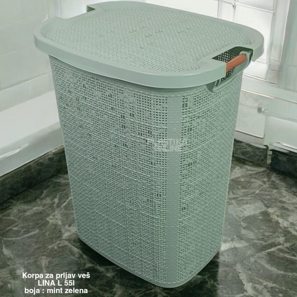 Korpa za prljav veš LINA L 55L, Plastična korpa za prljav veš, Plastična korpa sa drvenim ručkama, Korpa za veš 55l, Korpa za veš sa ventilacijom